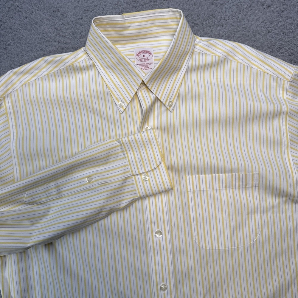 Brooks Brothers Dress Shirt Mens M Blue Yellow Stripe Non Iron Traditional Fit